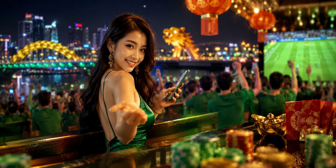 Người dùng tại Đà Nẵng xem kèo thể thao trực tuyến vào buổi tối với đèn lồng rực rỡ phía sau